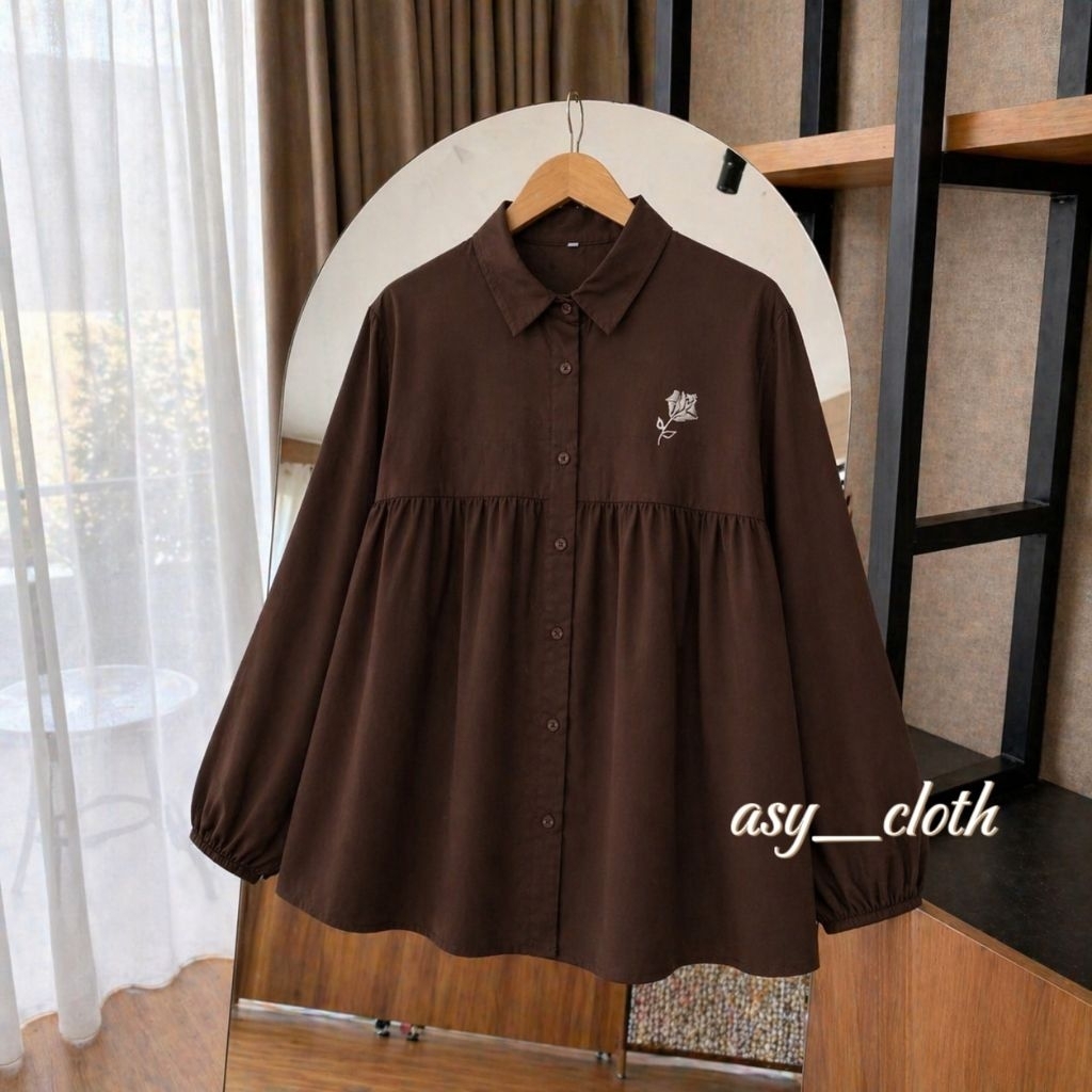 Kemeja wanita baby doll atasan wanita rayon lengan panjang-blouse wanita terbaru-atasan wanita