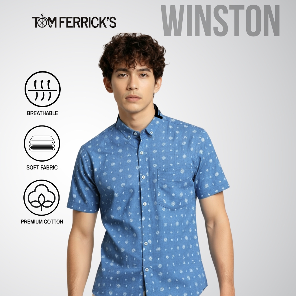 Tom Ferricks Winston Kemeja Casual Printing Floral Blue Pattern Lengan Pendek M,L,XL