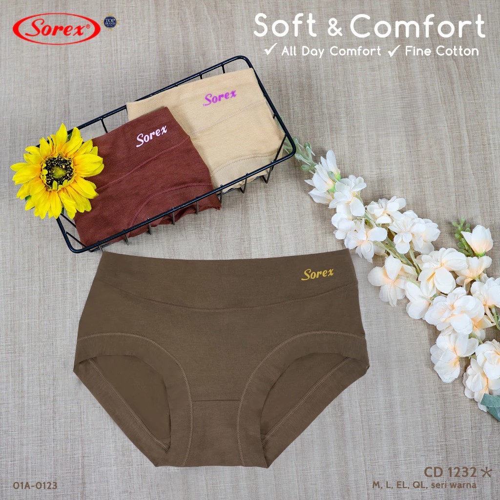 [ 3pcs ] CD Wanita Sorex 1232 Katun Tebal | Celana Dalam Sorex Emboss Karet Lebar | CD Sorex katun