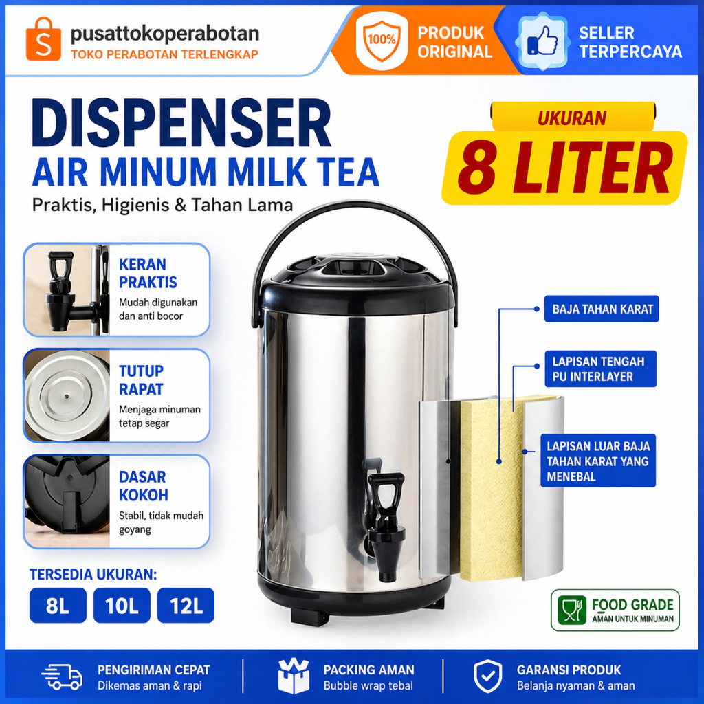 Termos Air Milk Tea Bucket Water 8 10 12 Liter /Dispenser Minuman Serbaguna/ Drink Jar Termos Stainl