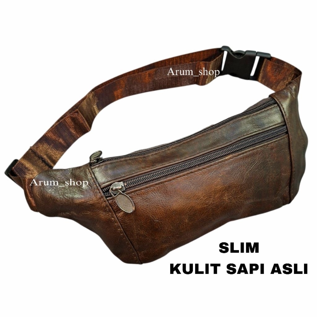 Tas selempang kulit asli domba waistbag slim tipis tas pria