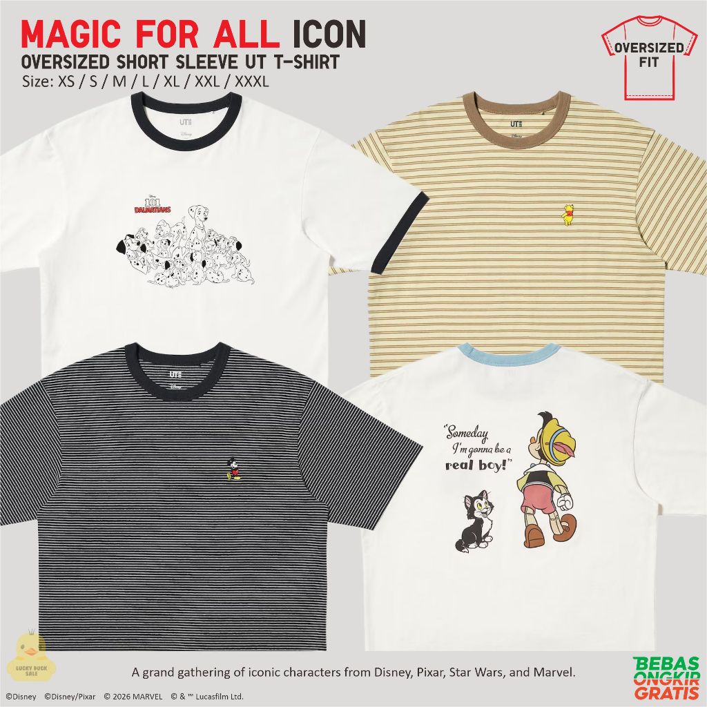 UNIQLO Magic For All UT Shirt Oversized Winnie the Pooh Mickey Dalmatian Pinocchio Unisex Katun
