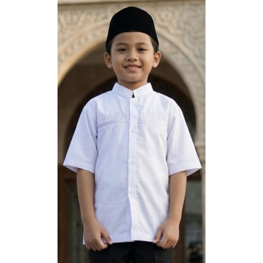 Jual Grosir Baju Koko Anak Laki - laki Muslim Lengan Pendek Putih TK SD SMP Murah Terlaris Al Muttaq
