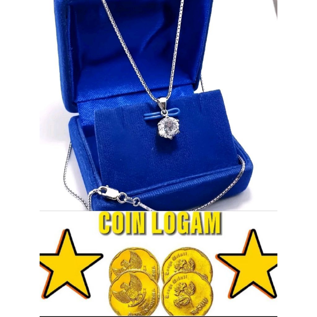 KALUNG KOIN ASLI 1991 KALUNG KOIN SILVER FREE LIONTIN PERMATA SATU WARNA SILVER ANTI LUNTUR