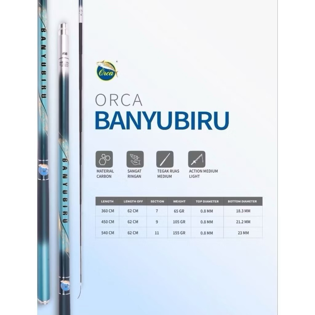 Joran Tegek ORCA BANYUBIRU 450 540 Cm Carbon Ringan Medium Ruas 62cm