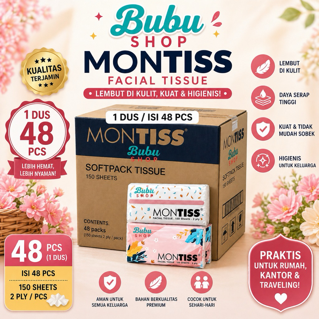 ( 1 Dus ) Tissue facial montiss 150 sheets 2ply ( 1 karton isi 48 bungkus )