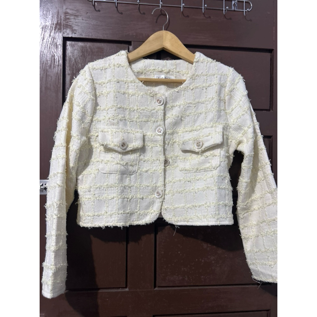Atasan Blazer Tweed Wanita BKK Jacket Crop Top Blazer Tweed Putih Ivory Lengan panjang Hijab friendl