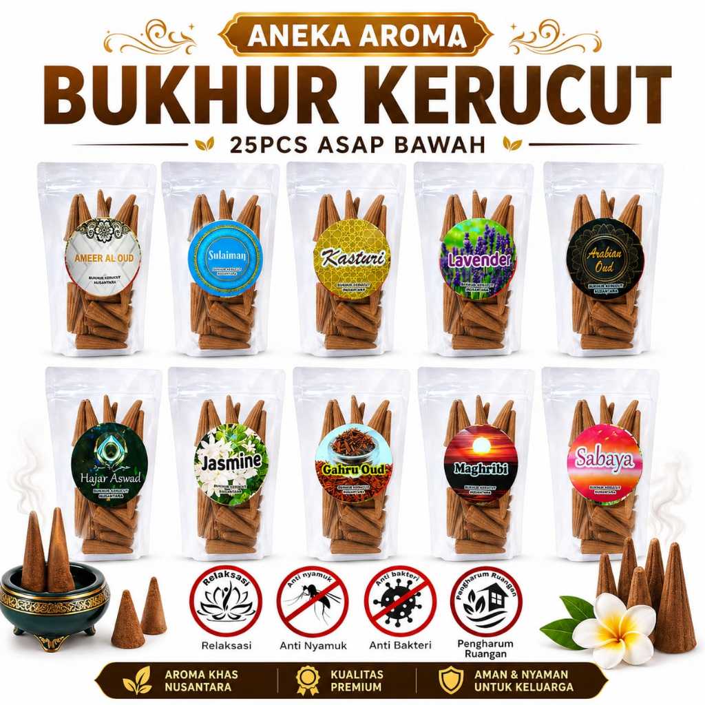 Bukhur Kerucut isi 25 by hm asap bawah/bakhor dupa kerucut aroma gahru sulaiman kasturi