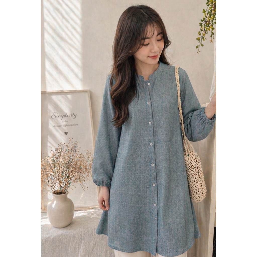 Baju Tunik Wanita Muslim Katun Linen Premium Lengan Manset Karet
