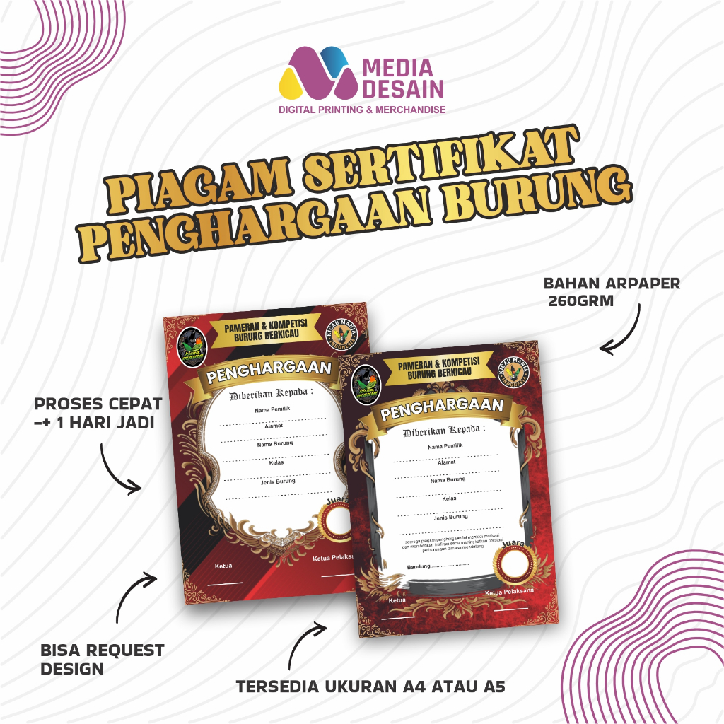 Sertifikat Piagam Penghargan - Lomba Burung - Bisa Custom