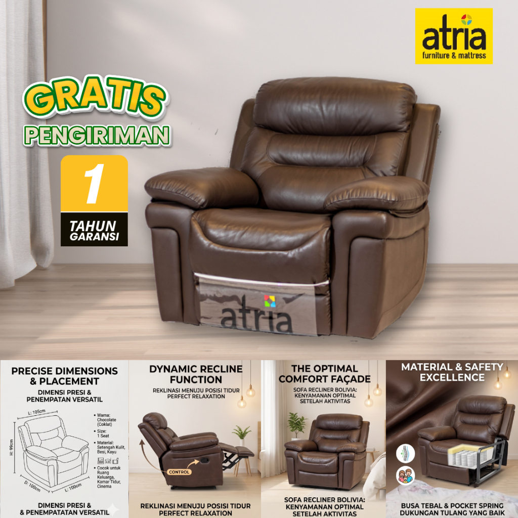 Atria Sofa Santai Bolivia Recliner Half Leather 1 SEAT