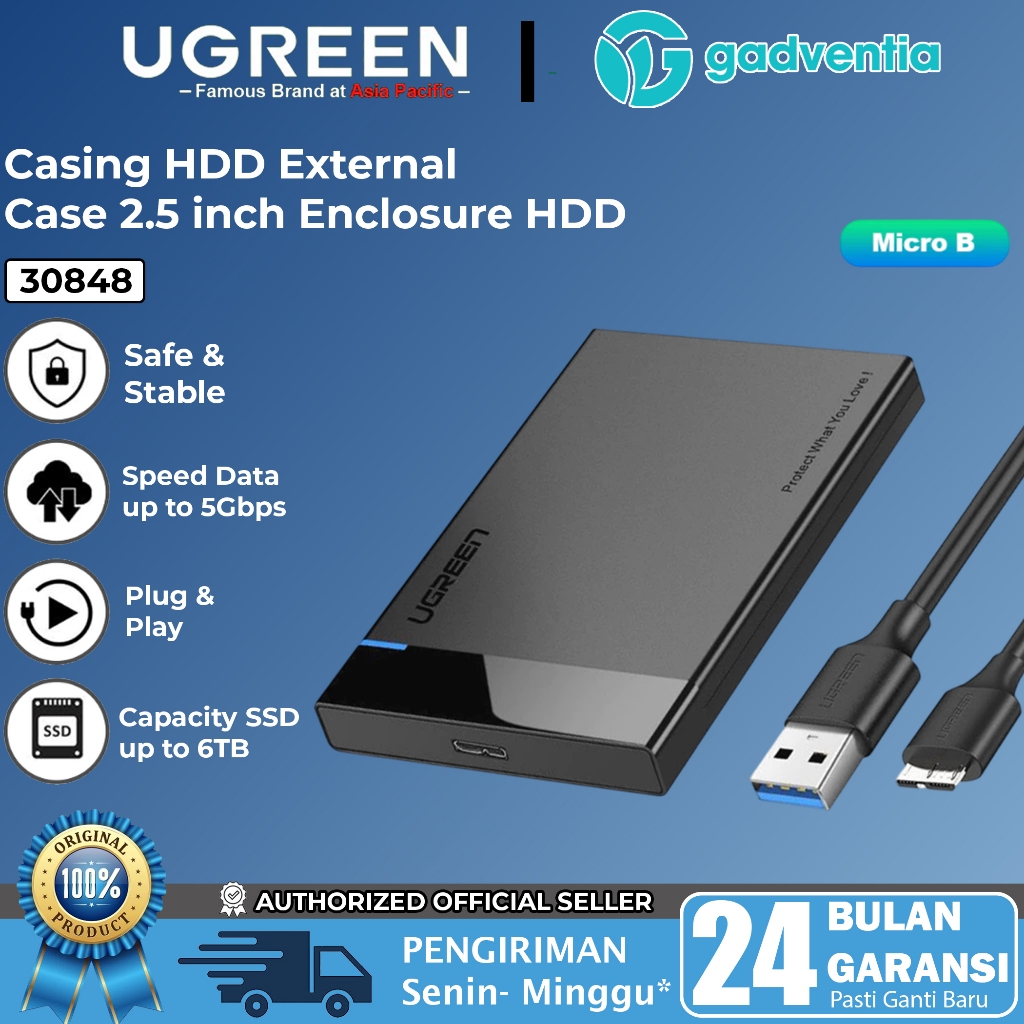 UGREEN Casing Hardisk Eksternal Sata 2.5" USB 3.0 Enclosure Hardisk Max Read 6TB For Komputer Laptop