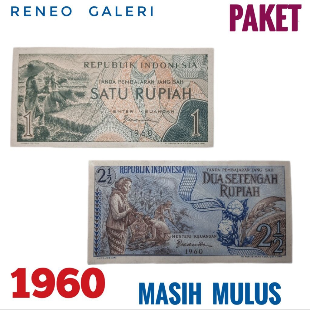 Paket 2 Lembar Tahun 1960 Seri Sandang pangan uang kertas kuno 1 2½ Rupiah Indonesia duit jadul lawa