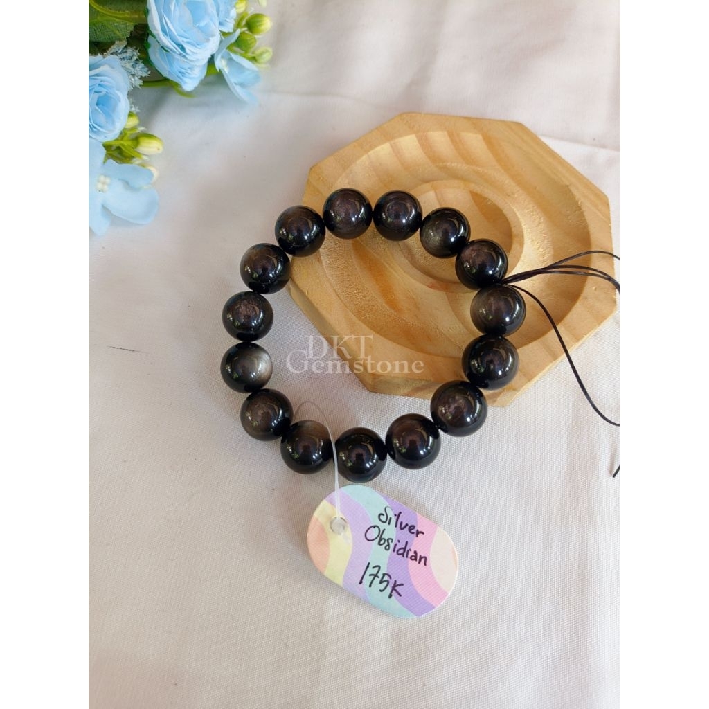 gelang silver obsidian bead 14 mm