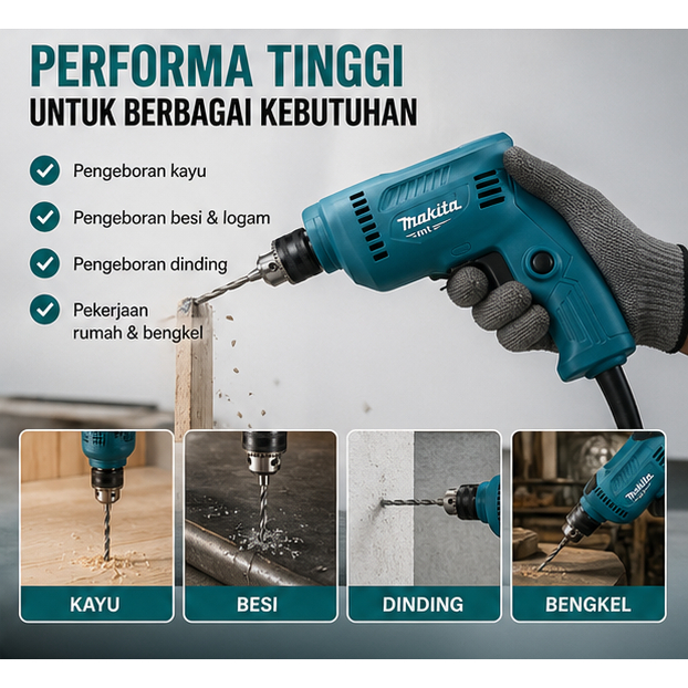 Mesin Bor Elektrik M0600B MAKITA | Hand Drill Electrik Besi Kayu 10mm Drill ( DH MT 60 MT60 Maktec )