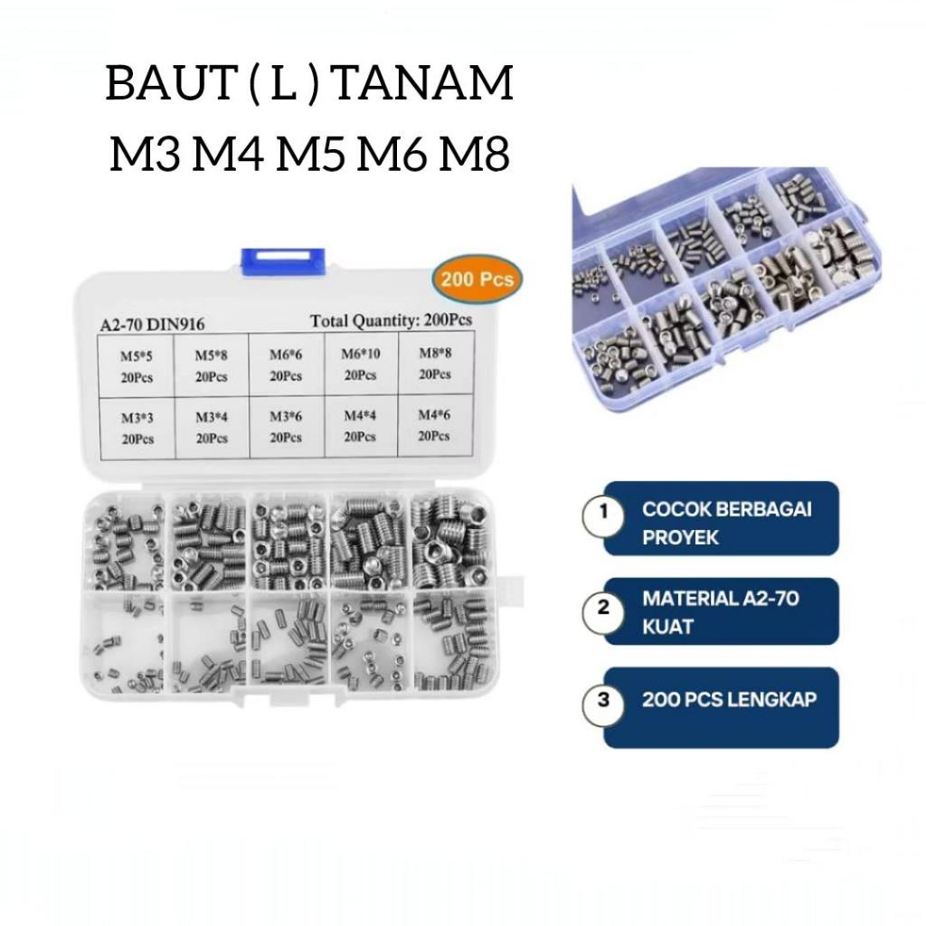 200pcs Baut L Tanam Sekrup Soket Hex Sekrup Tanpa Kepala Baud M3 M4 M5 M6 M8 Baut Variasi