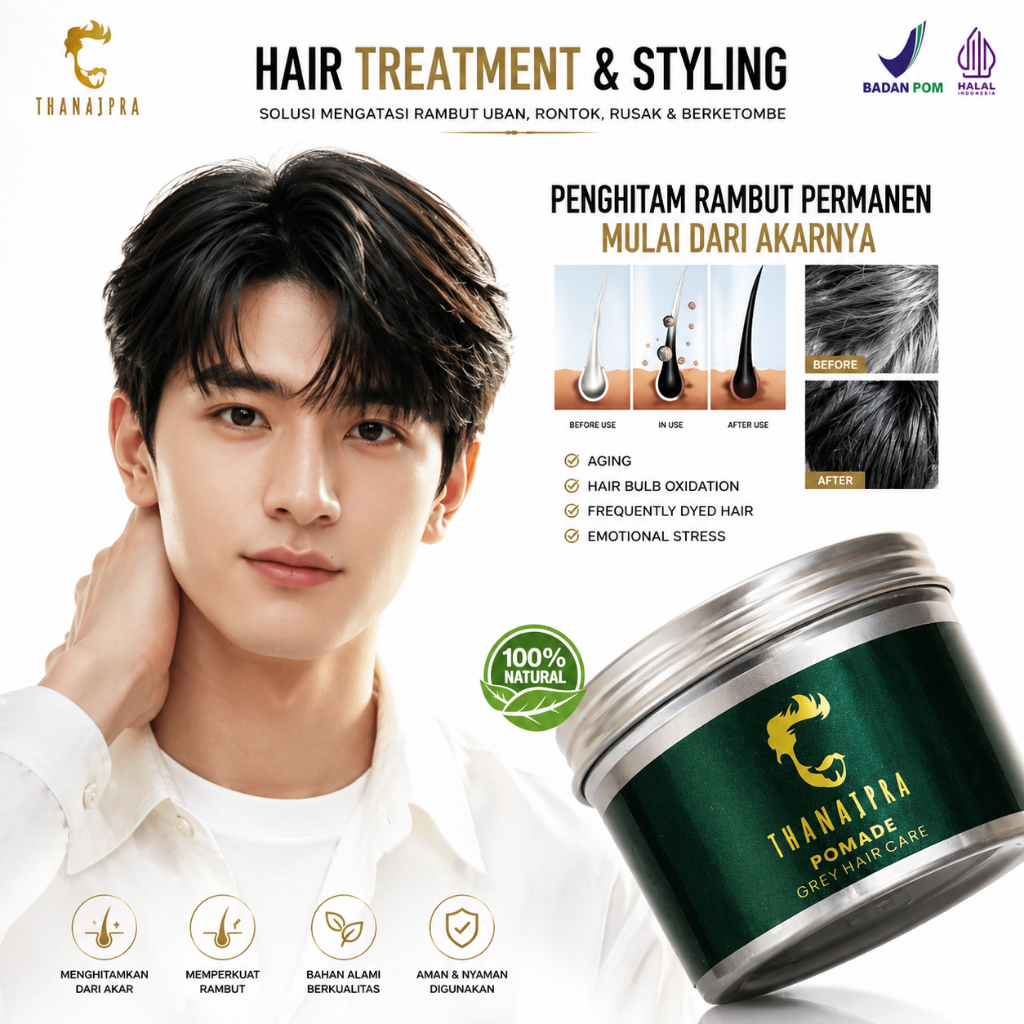 Minyak rambut pria pomade waterbased Thanajpra penghitam uban permanen hitam alami