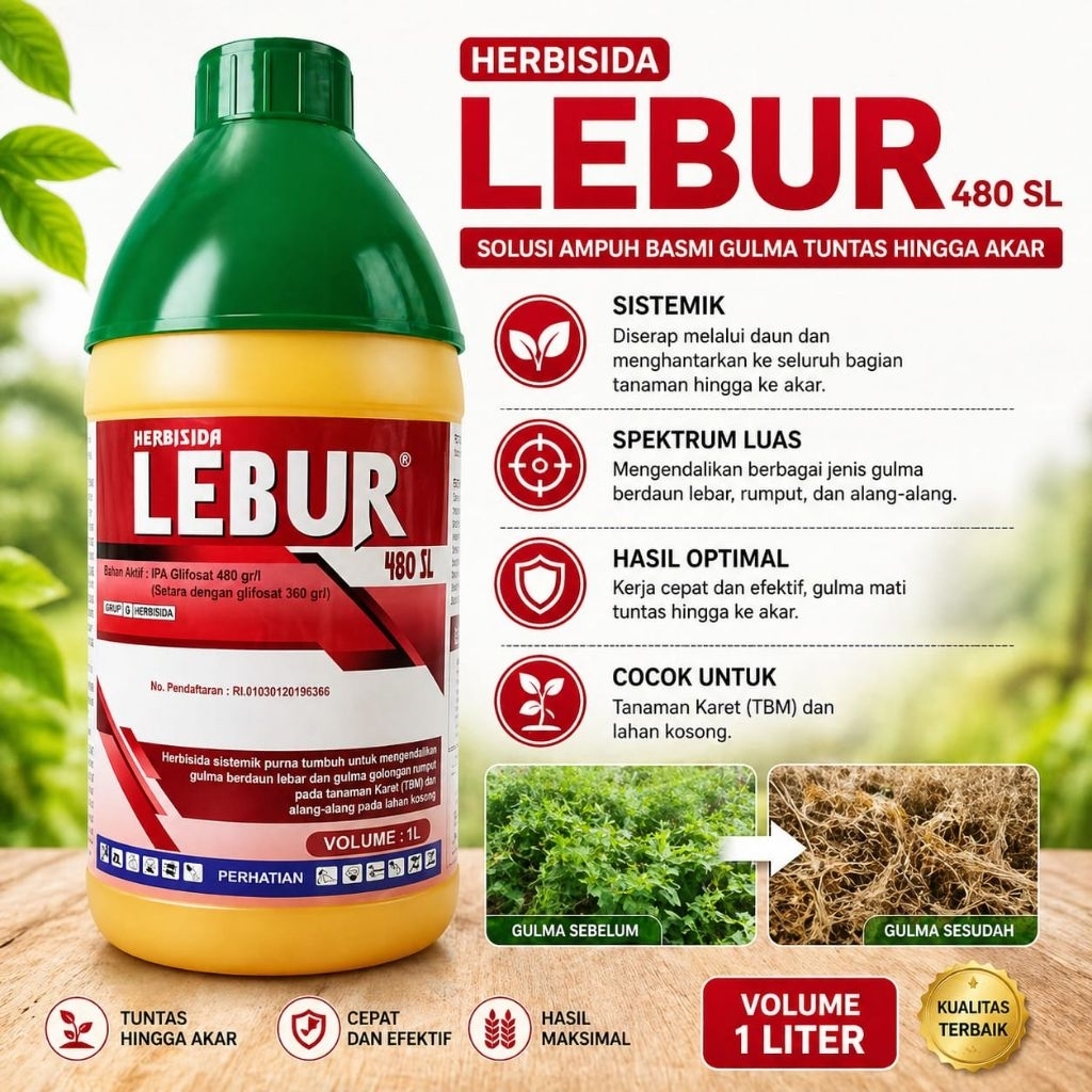 Produk: HERBISIDA LEBUR 480 SL 1L – Pembasmi Gulma Tuntas Sampai Akar | Sistemik Cepat & Ampuh