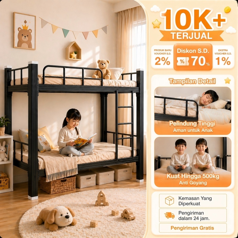 Ranjang Susun 2 Tingkat Anak dan Dewasa Ranjang Tingkat Besi Tempat Tidur Susun Asrama