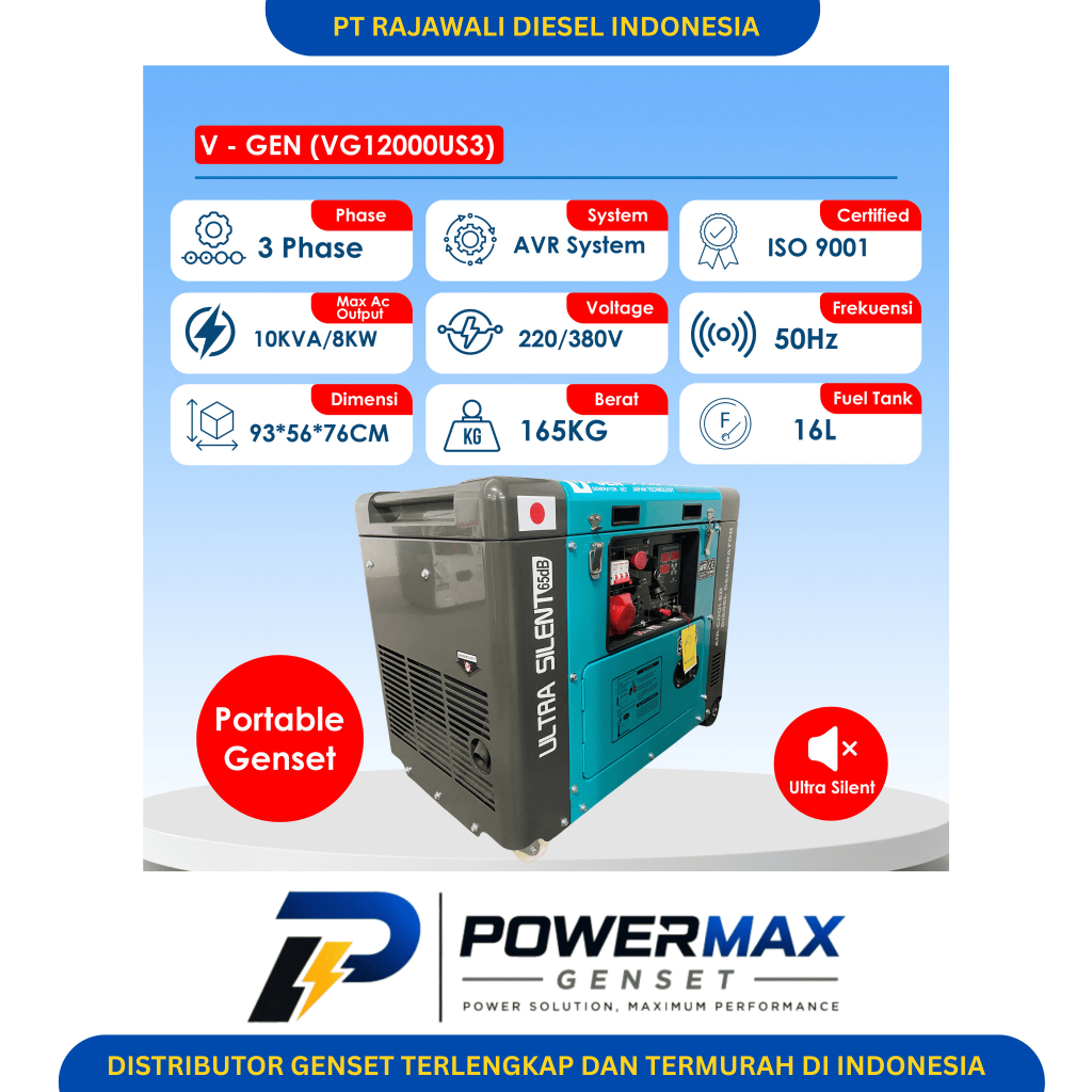 Genset Portable V-GEN VG 12000US3 10 KVA 3 Phase Ultra Silent Type Bahan Bakar Diesel 380V Harga Bis