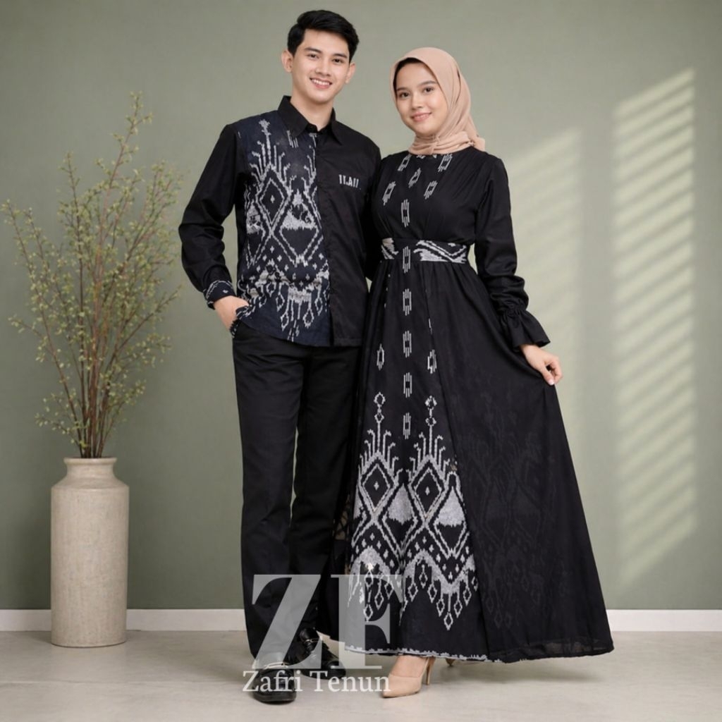 Baju Couple Tenun Safitri Hitam Dress Tenun Couple Pasangan Baju Kondangan Baju Couple Lebaran