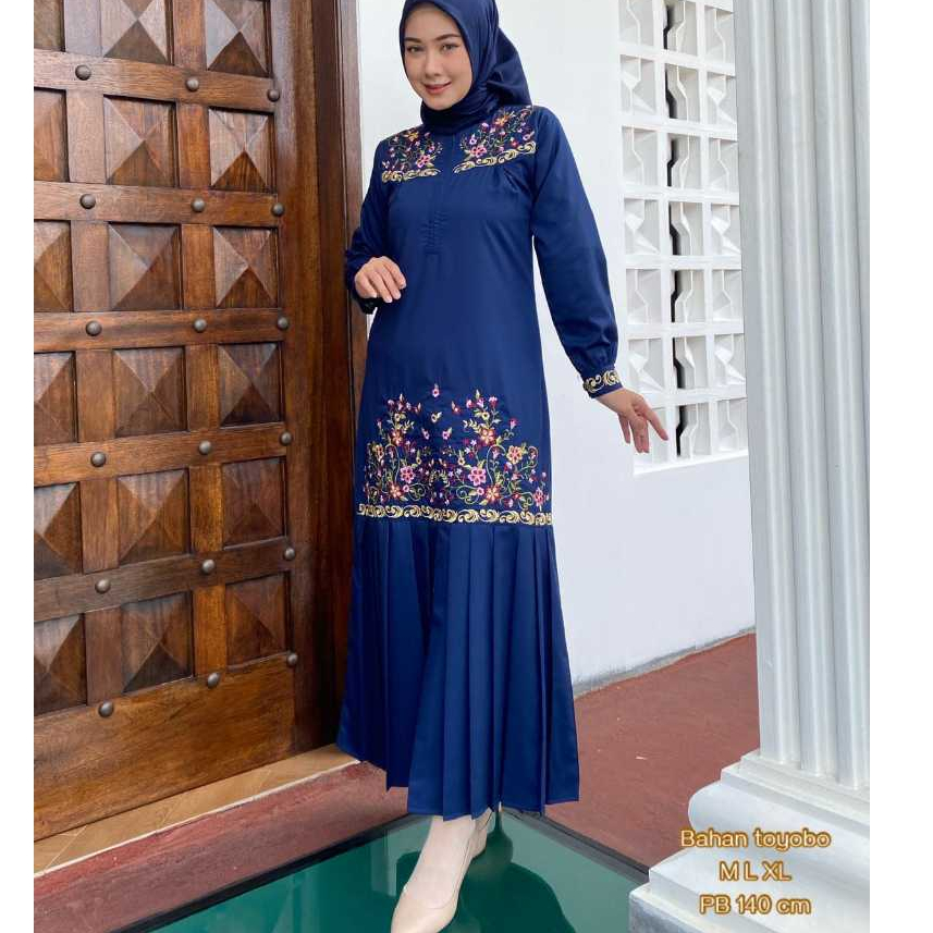 Hayani-Gamis Bordir Bunga Mix Rempel Bawah Bahan Katun Toyobo Seragaman Kajian Harian