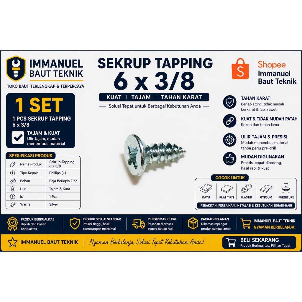 Sekrup Tapping Besi 6 x 3/8 Inch JF FAB Isi 100 Pcs Self Tapping Pendek Untuk Plat Panel Bracket