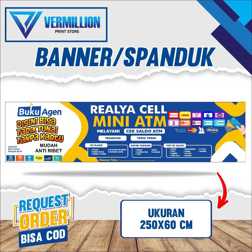 Spanduk banner 250x60cm mini atm, konter pulsa, dll free custom desain