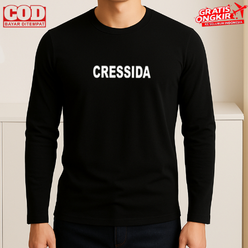 T-Shirt pria Kaos Pria Dan Wanita Kaos distro Kaos Lengan Panjang Cressida Text Print White Kaos Dew