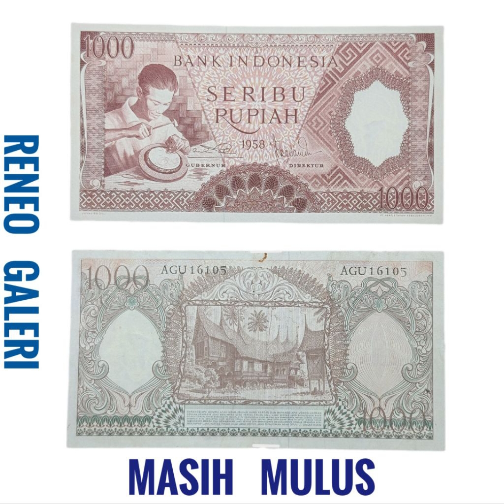 Mulus 1000 Rupiah Seri Pekerja merah Coklat Tahun 1958 Rp 1.000 Uang kertas kuno duit lama Indonesia