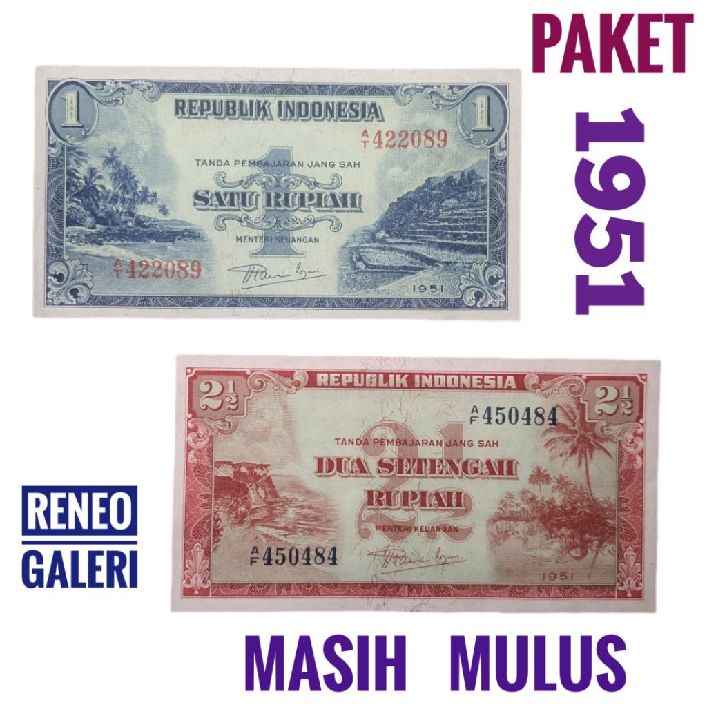 Paket Asli tahun 1951 Seri pemandangan alam uang kertas kuno Indonesia 2 lembar duit jadul lawas lam