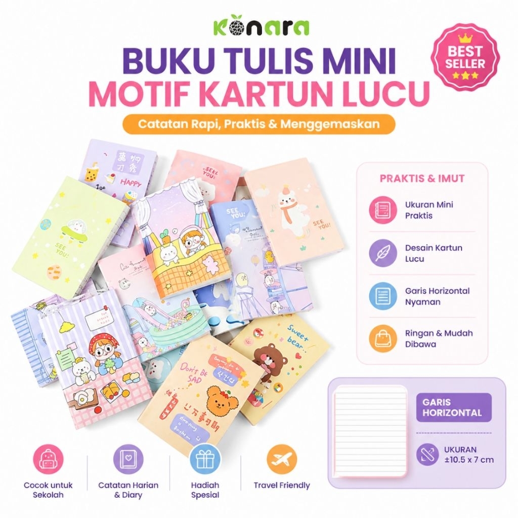 KONARA Notebook Mini Kartun Buku Catatan Garis Lucu Aesthetic untuk Sekolah Anak
