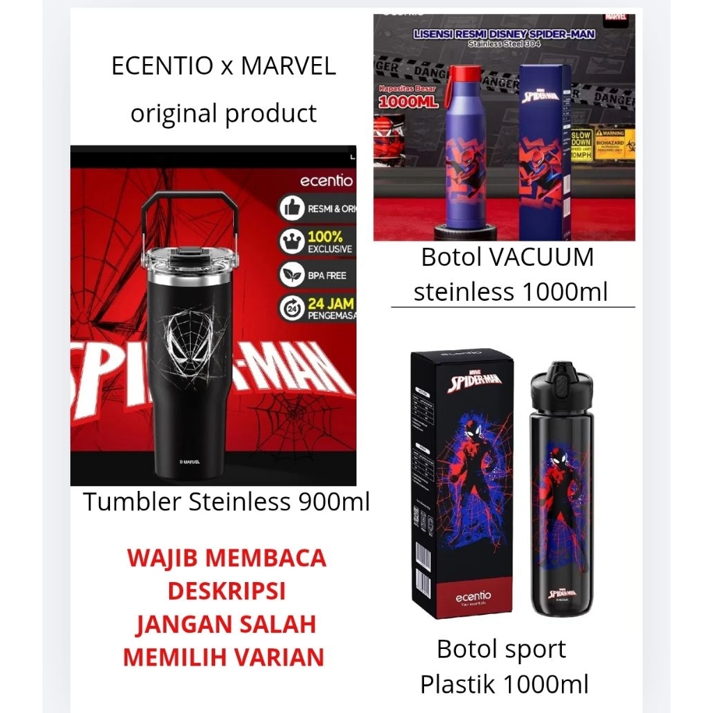 ECENTIO x MARVEL Spider Man Original Produk Pilih : Tumbler STEINLESS 900ml / Botol vacuum stainless
