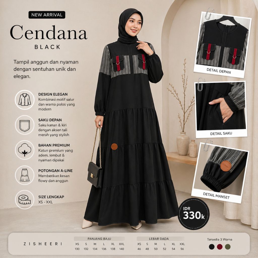 ZISHEERI GAMIS CENDANA BLACK DRESS (Hitam) Candana