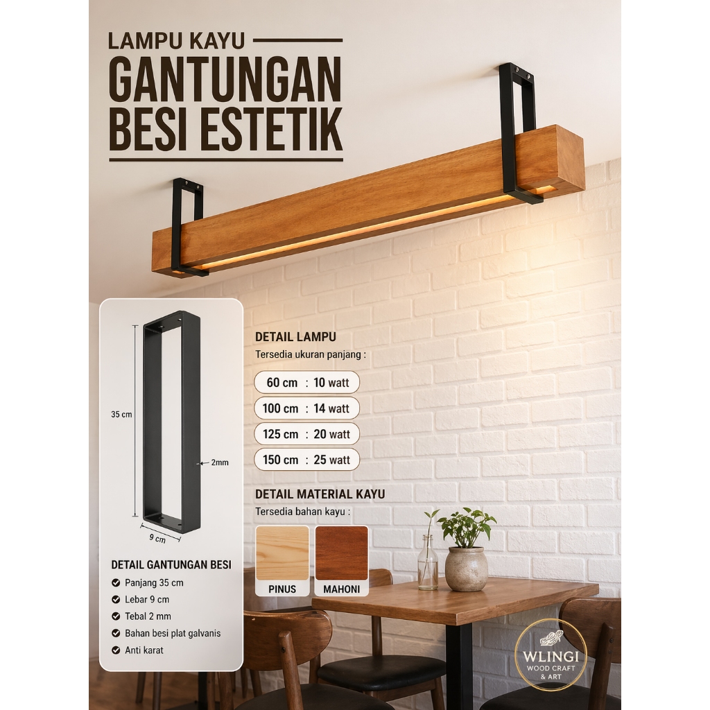 Lampu Kayu Gantungan Besi Unik | Lampu Cafe | Lampu Industrial Rumah & Cafe Estetik