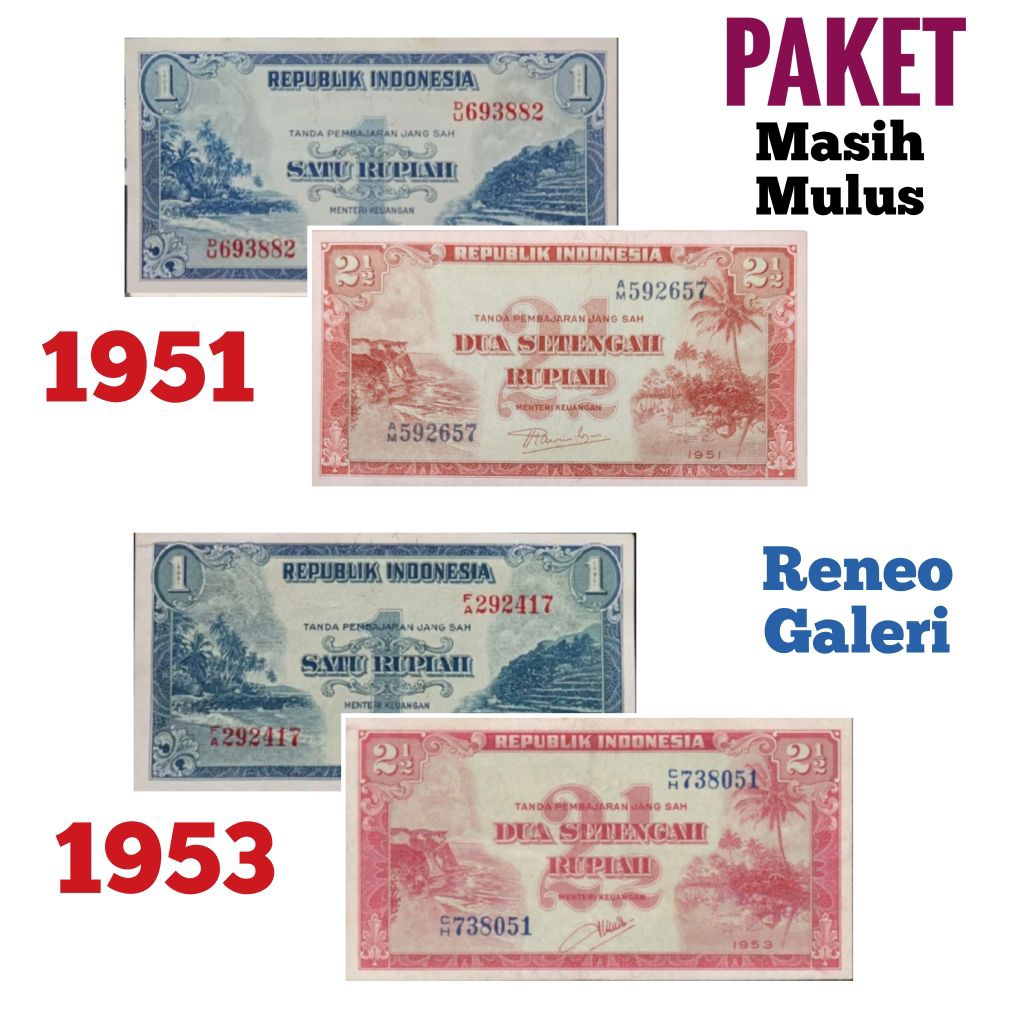 Paket Lengkap 4 variasi Seri Pemandangan alam Set tahun 1951 1953 uang kertas kuno Indonesia duit ja