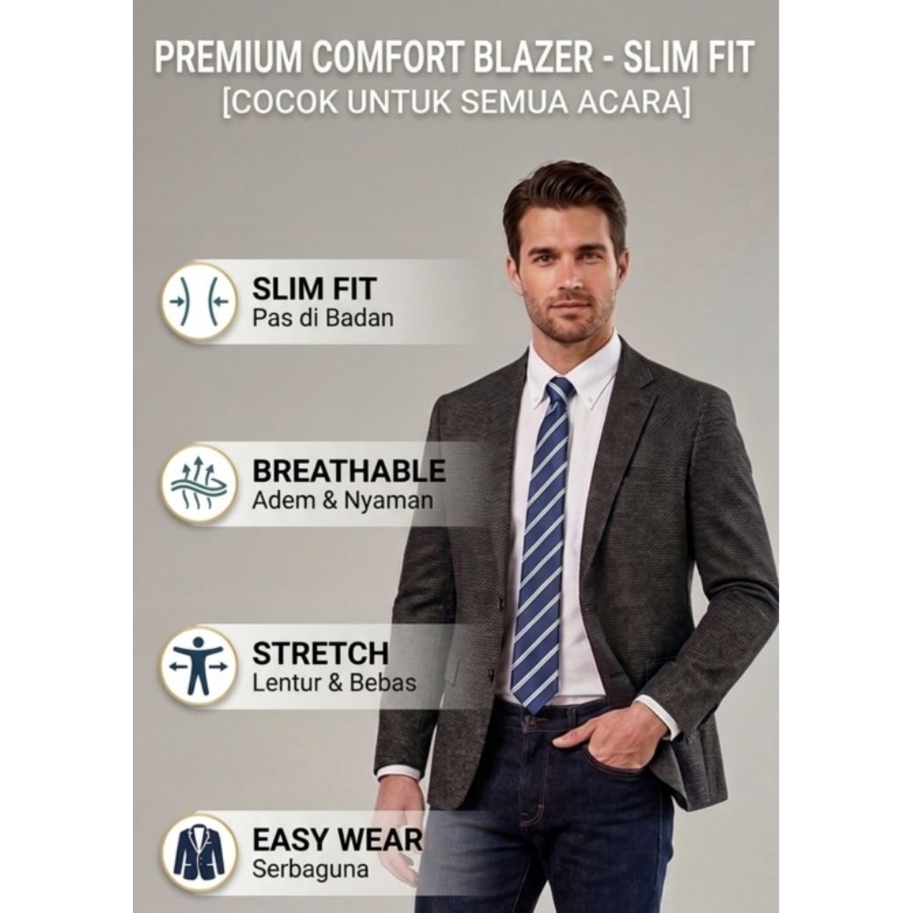 Jas Biru Navy Jas Abu Pria Semi Formal Slim Fit Premium Branded - Kasual