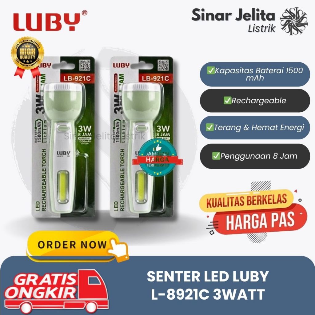 Senter LUBY L-8921C Lampu Senter 3Watt +10SMD LED Senter Tangan Emergency