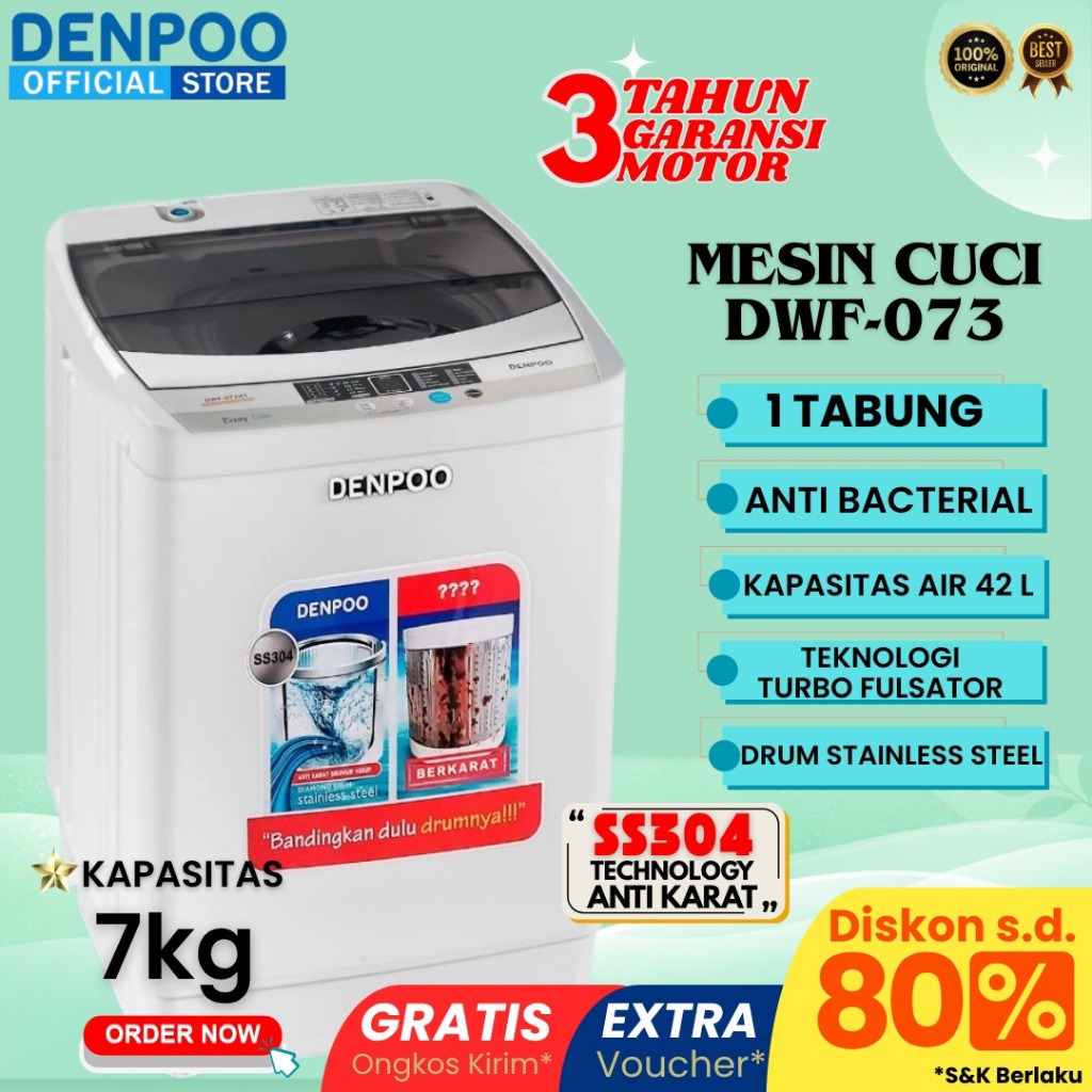 DENPOO MESIN CUCI 1 TABUNG - DWF 073 HT FULL OTOMATIS 7kg