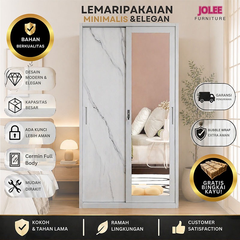 HI.quality-Lemari Pakaian Besi Lemari Pakaian Pintu ganda 85cm 2 pintu 1 Hanger Cermin Minimalis