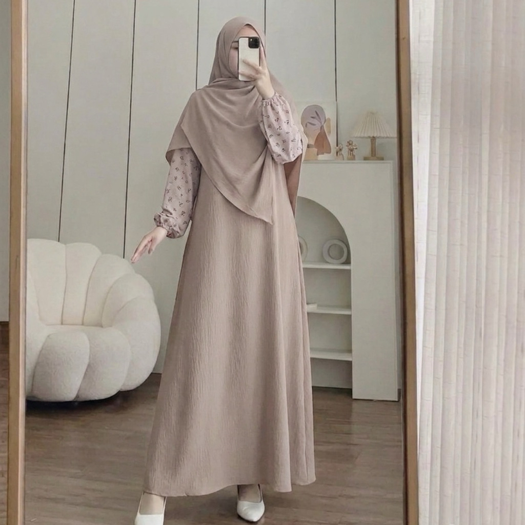 AZALEA SET HIJAB Syar'i Pasmina Oval Gamis Syar'i Wanita Motif Simpel Elegan Bahan Cey Crinkle