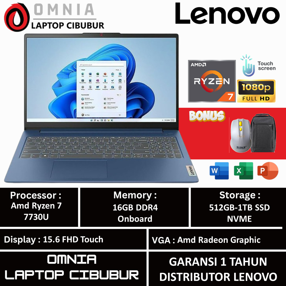 Laptop Murah Lenovo Ideapad Slim 3i 15 AMD Ryzen 7 7730U 16GB DDR5 1TB SSD 15.6 FHD Touch Win 11