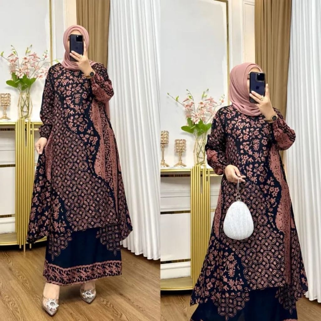 setelan rok batik dan long tunik sutra viscost premium