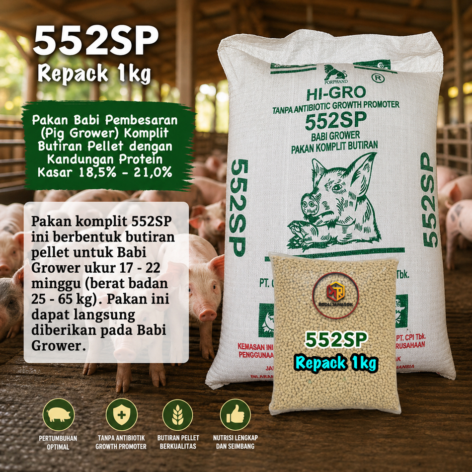 Pakan Babi Grower 552SP Repack 1kg | Pakan Komplit Pellet Protein 18-21% | Penggemukan Babi Cepat