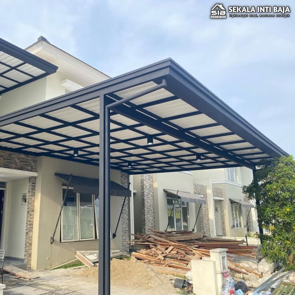 kanopi besi hollow galvanis 4x6 atap alderon double layer terpasang