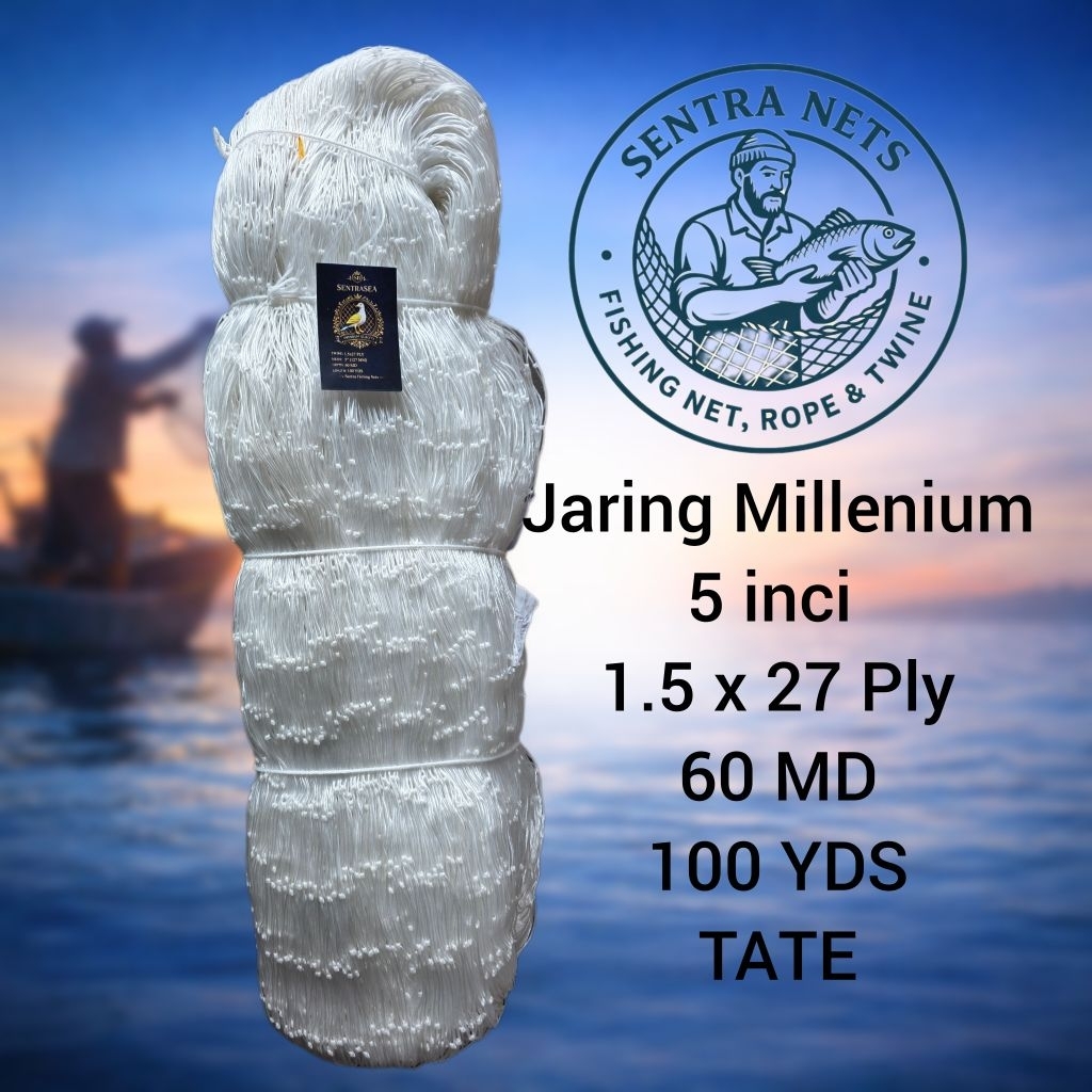 jaring milenium/jaring serabut/jaring ikan 5 inci 27ply 60md 100yds(melintang)