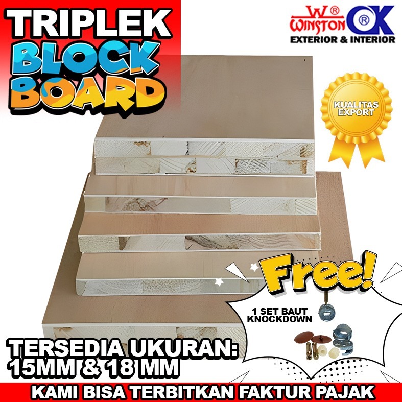 Papan Blockboard Triplek Multiplek 15 mm 18 mm Ukuran 122x244 cm Bonus Set Baut Knockdown