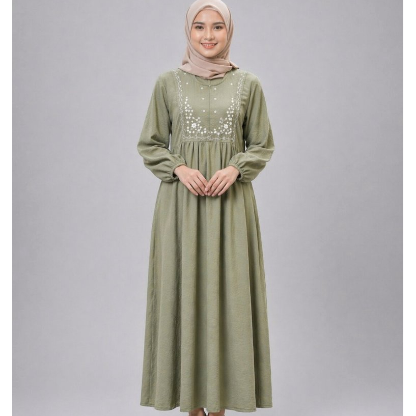Gamis Wanita Bordir Premium Crinkle Sage Green Syar'i Jumbo Dress Muslimah Kekinian | Dress Muslimah