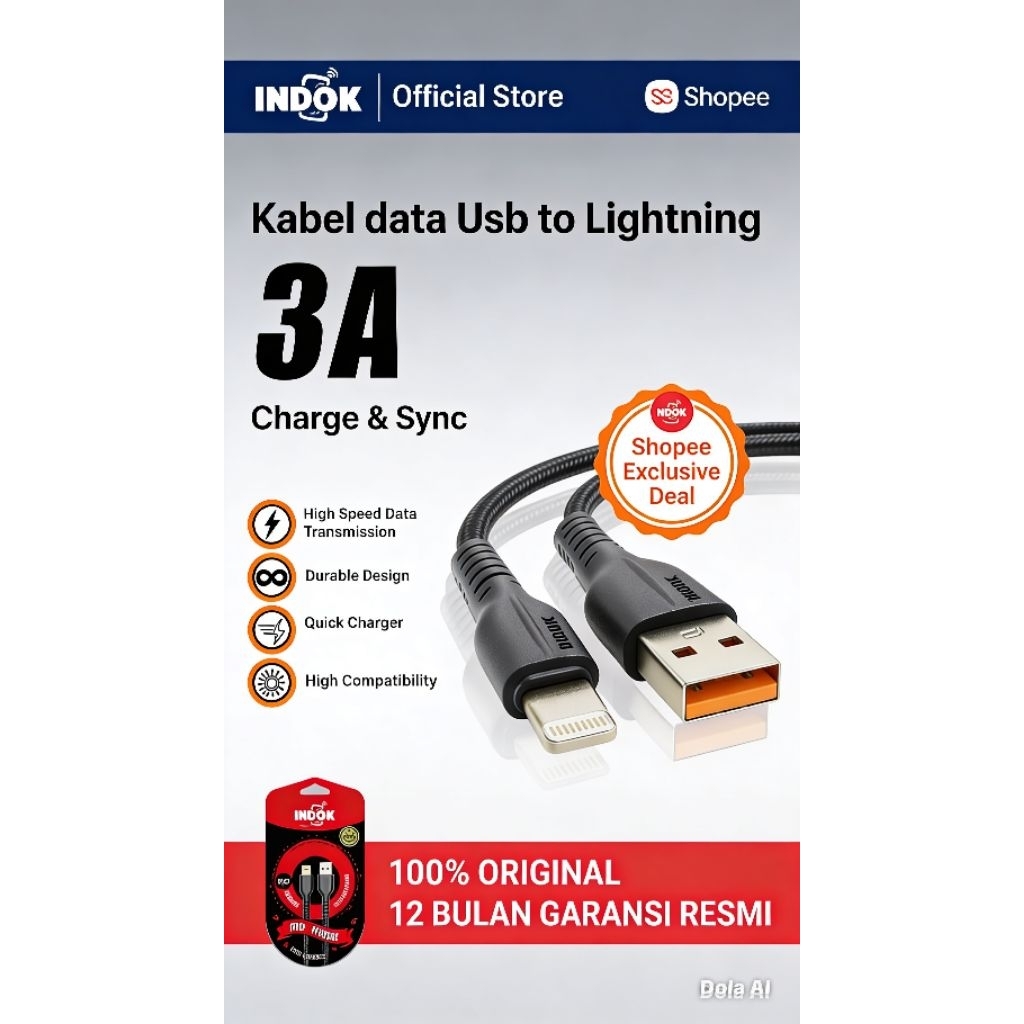 Kabel Data INDOK V88 Lightning Fast Charging 3A Kabel Casan iPhone Original Kuat