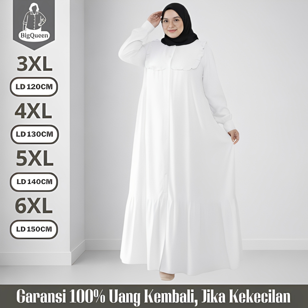 Baju Gamis Dress Lebaran Jumbo LD 120 130 140 150 Crinkle Premium Abaya Putih Wanita Mewah Elegan